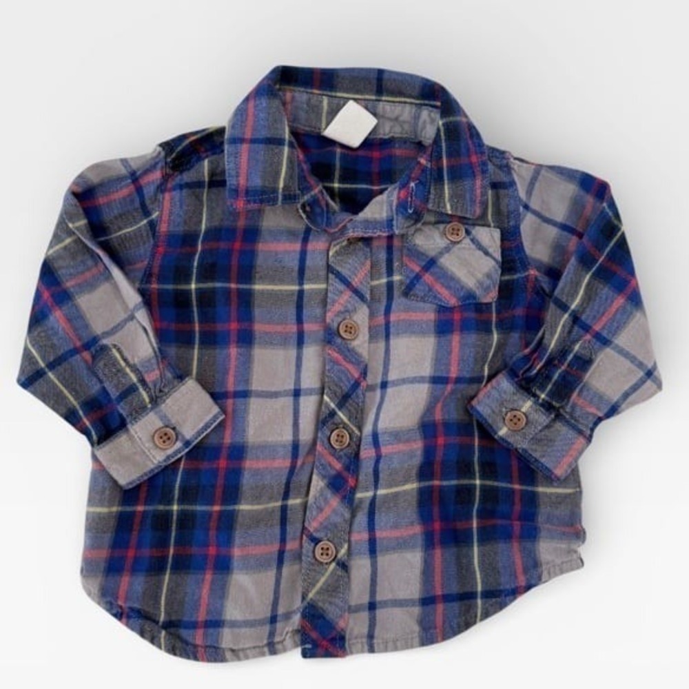 Old Navy Shirt‎ Baby Boys Size 6-12 Months Blue Red Plaid Button Up Long Sleeve